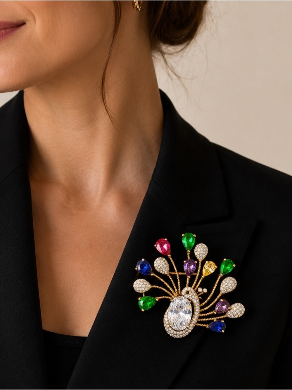 Gold Peacock Brooch with Multicolor Gemstones - Picture 3 of 4